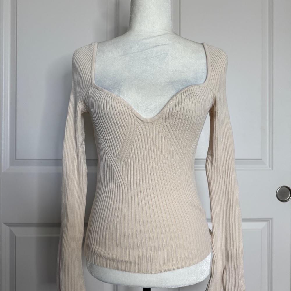 Cream Ribbed Long Sleeve Top